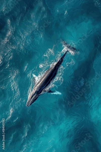 Fototapeta Drone image of a whale swimming in an ocean with clear waters.