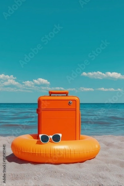 Fototapeta Photo of an orange suitcase with sunglasses, flip-flops, and an inflatable ring on the beach against a blue sky background. Summer vacation concept.