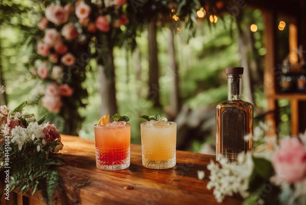 Fototapeta Photo of three different cocktails on the bar counter with a tequila bottle and a flower arch in the background, cocktail glasses.