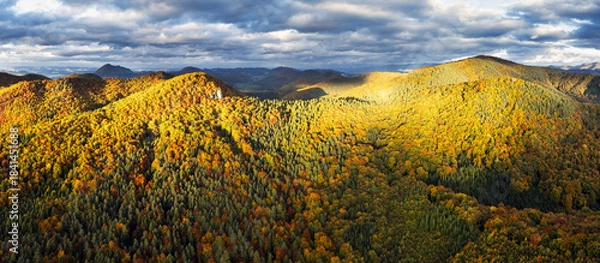 Obraz Forest and rocks mountain with sun at beautifull sunset