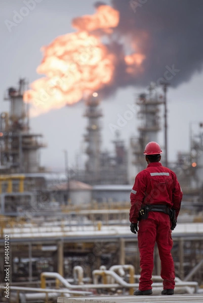 Fototapeta A worker in a red uniform and helmet stands on the roof of an oil production plant, overlooking the gas flares and pipelines.