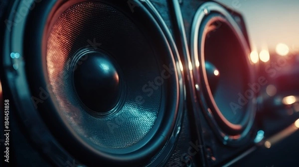 Fototapeta Close-up of car audio speakers with sunset light in the background. music, sound, and home entertainment concept.