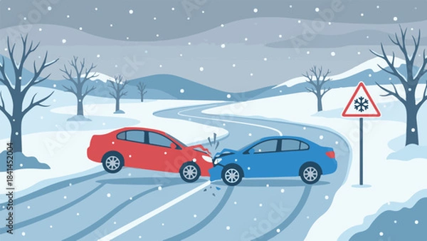 Obraz Head-on car crash on icy winter road with falling snow