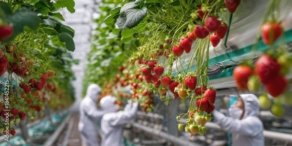 Fototapeta A high-tech strawberry farm in Japan, where robotic arms harvest strawberries from vertical growing walls filled with green plants and fresh fruits.