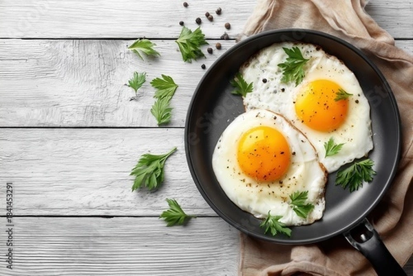 Fototapeta Fried eggs in a pan on a wooden background, top view.