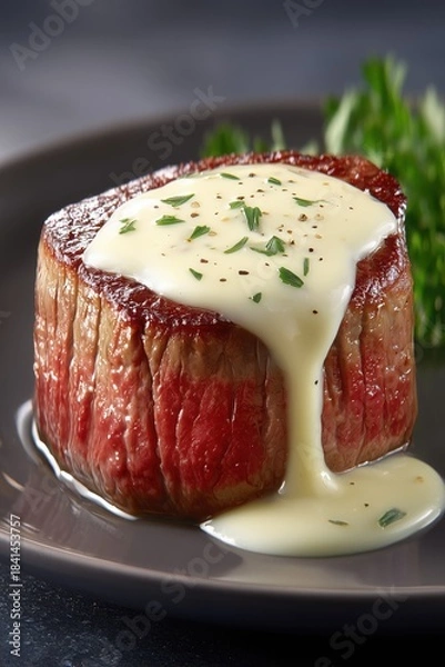 Fototapeta A plate of medium rare steak with a rich, creamy sauce drizzled on top and sprinkles of black pepper.
