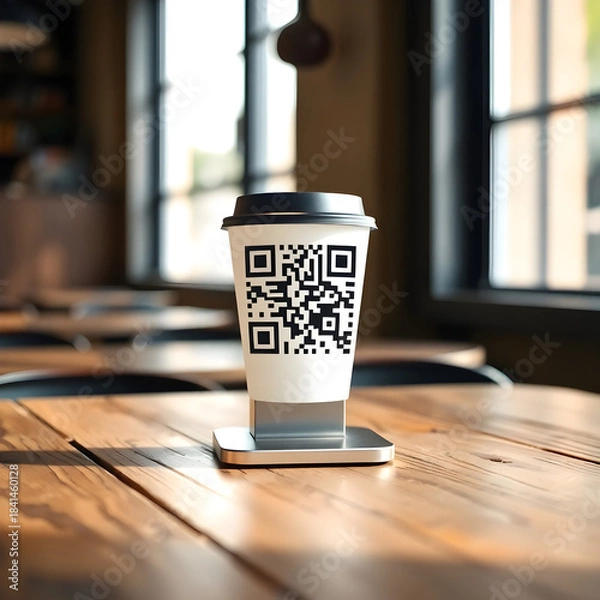 Fototapeta Cafe Table Display Featuring a Coffee Cup Shaped QR Code