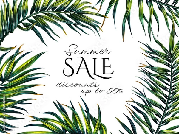 Obraz Illustration of an advertising summer banner with tropical plants. Discount template with palm leaves. Botanical frame for invitations