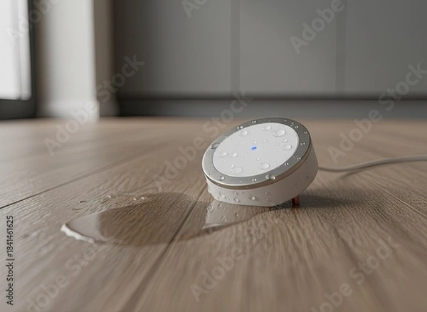 Fototapeta Modern White Smart Home Device with Blue Light Sitting on Wet Wooden Floor With Water Droplets and Subtle Sunlight