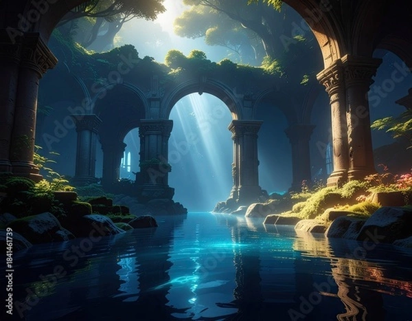 Fototapeta Mystical Ancient Ruins Submerged In Glowing Blue Water With Sunbeams Shining Through Overgrown Arches Creating An Ethereal Atmosphere