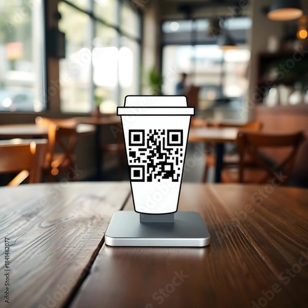 Fototapeta Cafe Table Display Featuring a Coffee Cup Shaped QR Code