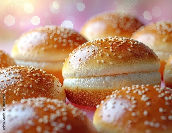 Fototapeta Golden Brown Sesame Seed Hamburger Buns Soft Texture Ready for Grilling on a Bright Pink Surface with Bokeh Lights