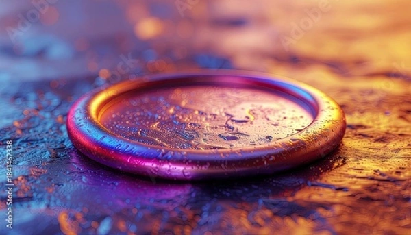 Fototapeta A Copper Ring with Water Droplets Gleaming Under Dramatic Neon Lighting in a Reflective Environment