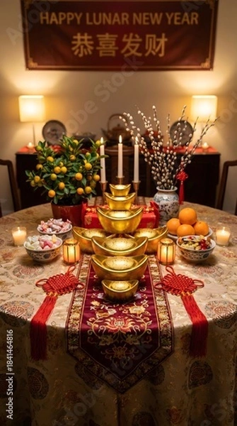 Obraz Festive Lunar New Year Table Setting with Traditional Decorations and Offerings