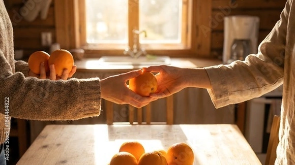 Obraz Two Individuals Exchanging Oranges in Cozy Kitchen Setting