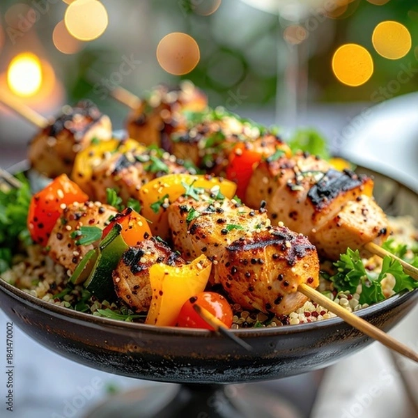 Fototapeta Grilled chicken skewers with colorful peppers, cherry tomatoes, and couscous