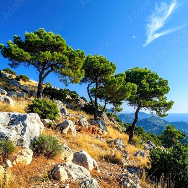 Fototapeta Sunny hillside with pine trees and ocean view