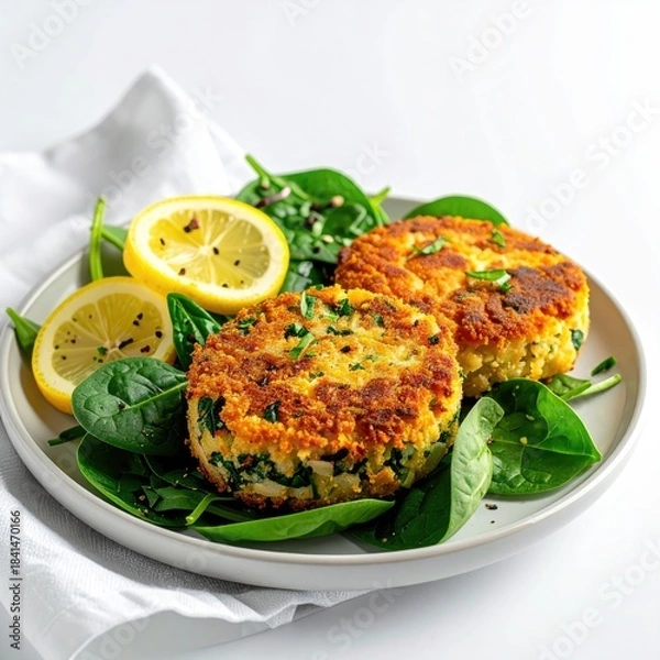 Fototapeta Two golden-brown, crumb-coated patties on a bed of spinach, garnished with lemon slices