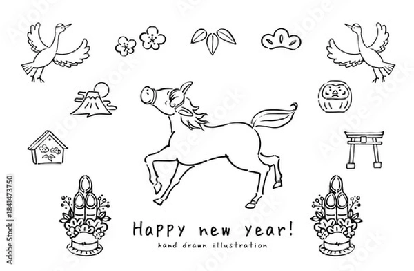 Obraz 年賀イラスト 馬とお正月の手描き素材セット