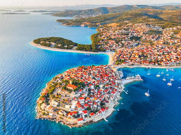 Obraz Primosten. Croatia. Aerial drone view of a charming small town at Adriatic Sea, Dalmatia