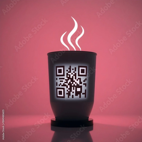 Fototapeta Close-Up of a Coffee Cup Shaped QR Code on a Minimalist Payment Stand