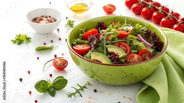Fototapeta A colorful and nutritious avocado and cherry tomato salad served in a bright green bowl