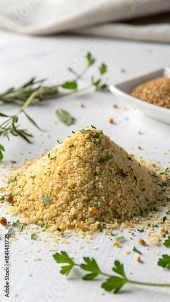 Fototapeta Aromatic breadcrumbs with fresh parsley and rosemary ready for cooking