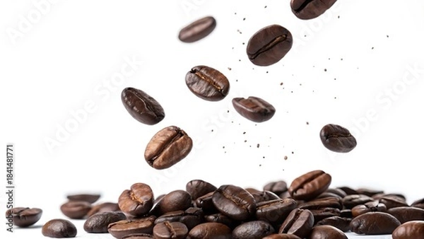 Fototapeta Coffee beans isolated on a white background with a heap of roasted brown beans