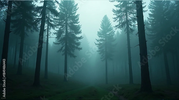 Fototapeta Mystical Forest Ambiance: The serene essence of the forest, where towering trees pierce a hazy sky, draped in an ethereal fog that evokes tranquility and a sense of wonder.