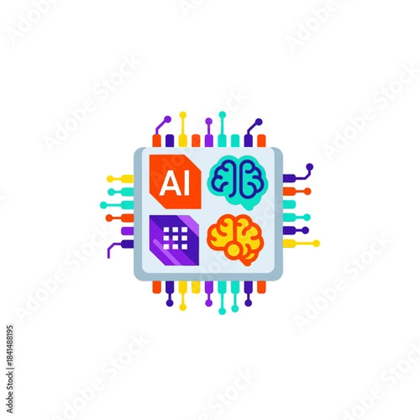 Obraz Colorful AI Chip with Brain, Data, and Circuitry Elements, Digital Illustration.