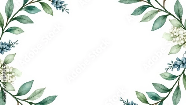 Obraz Watercolor greenery and berries forming elegant border layout suitable for invitations, cards, and branding visuals