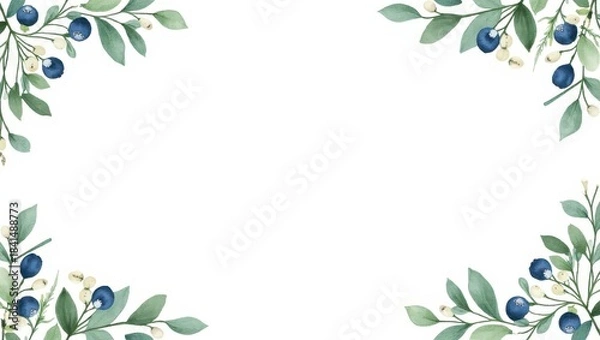 Obraz Watercolor botanical border with blue berries and leaves suitable for invitations, posters, and modern minimal stationery