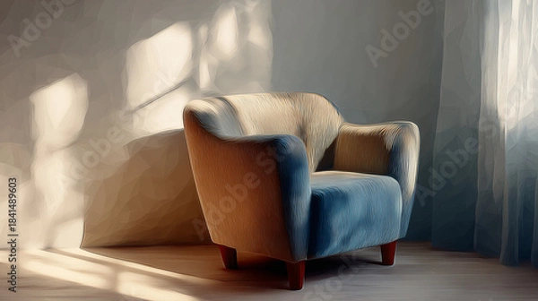 Obraz 柔らかな自然光に照らされた布張りアームチェアの水彩ポリゴン