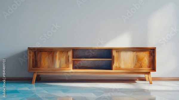 Obraz 木製テレビボードの直線美を際立たせた水彩ポリゴン