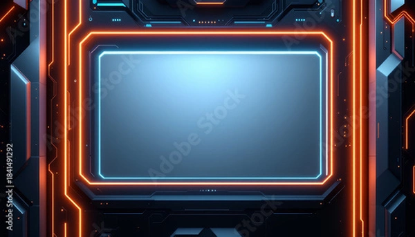 Fototapeta Futuristic screen framed by neon orange and blue lights on a dark metallic panel.