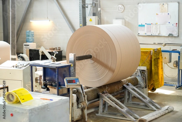 Obraz A large roll of freshly produced paper roll, at a paper mill, being prepared for shipment