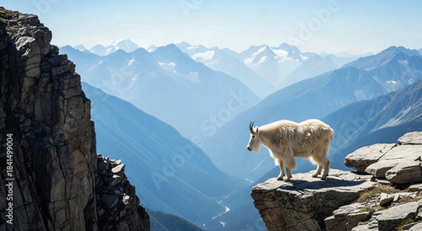 Obraz Mountain goat standing on a high rocky cliff overlooking sweeping, misty blue valleys