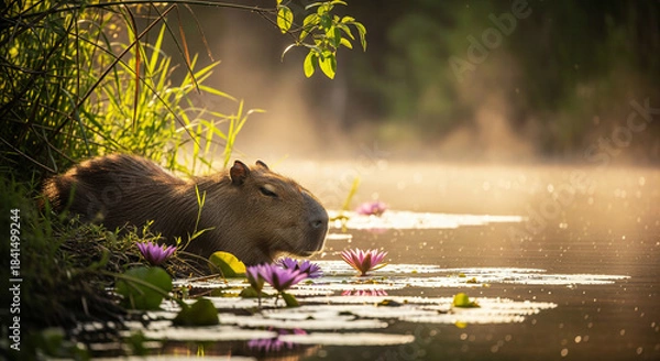 Obraz Capybara resting by the water's edge amidst pink water lilies in the morning mist