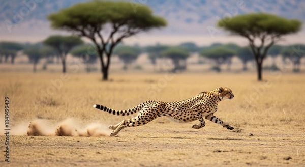 Obraz Cheetah running at full speed, kicking up dust on the dry African savannah