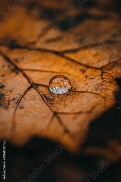 Fototapeta Autumn Dew Drop on Dry Leaf Macro