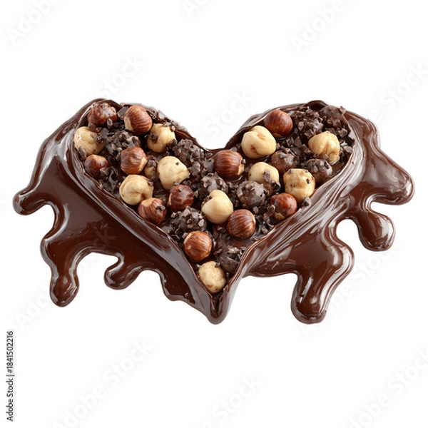 Fototapeta Delicious heart shaped dark chocolate confection overflowing with whole hazelnuts and crunchy chocolate chips on transparent background