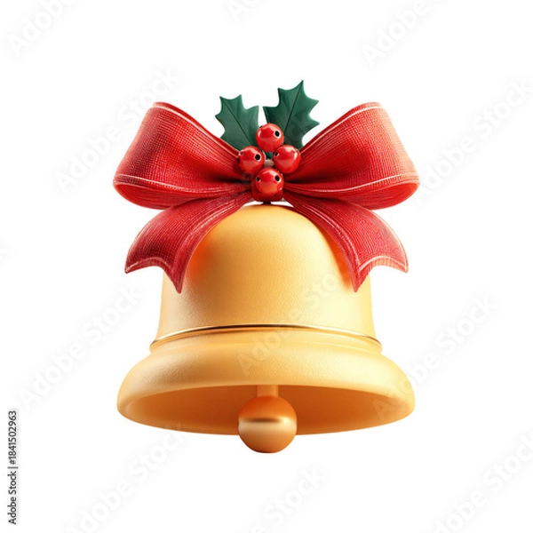 Fototapeta Golden Christmas bell adorned with a textured red ribbon bow and festive holly berries on black on transparent background