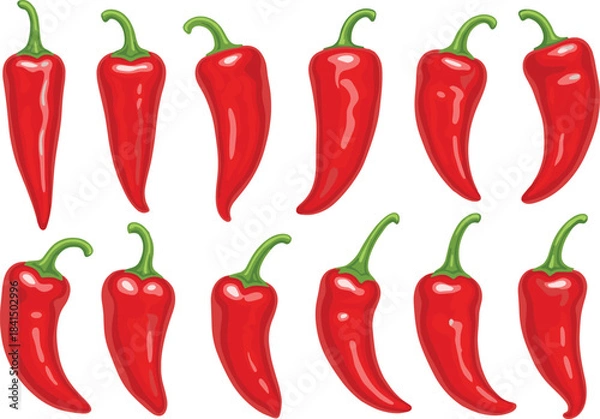Obraz Red chili pepper illustration collection, spicy vegetable outline symbols, hot seasoning graphics, organic food interface icons, CAD drawing flat vector illustration
