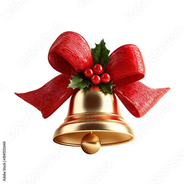 Fototapeta Golden christmas bell adorned with a vibrant red bow and festive holly berries on transparent background