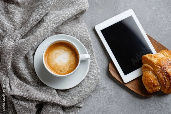 Fototapeta Overhead shot of a coffee cup, baked treat, and tablet with white screen on a textured concrete surface