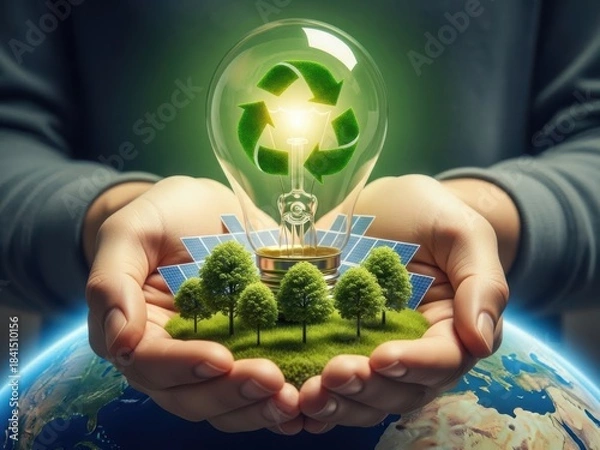 Fototapeta Hands holding light bulb with recycle symbol, solar panels, and trees