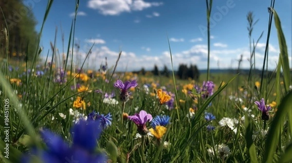Fototapeta Colorful Wildflowers in a Lush Green Meadow with Blue Sky and Soft Clouds in the Background Captured in the Golden Hour of Daylight