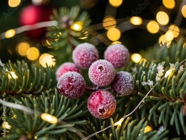 Fototapeta Close up of frosted cranberries on a pine branch with christmas lights