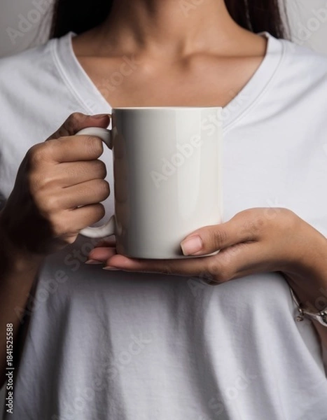 Obraz Beautiful Asian Woman Hands Holding Blank White Coffee Mug Mockup Close Up