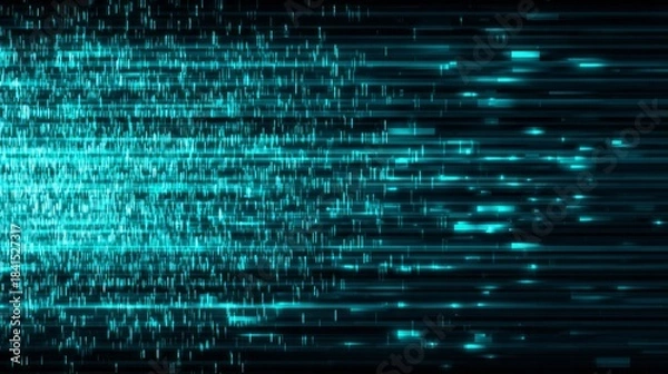 Fototapeta Bright blue lines and particles stream across a dark background.